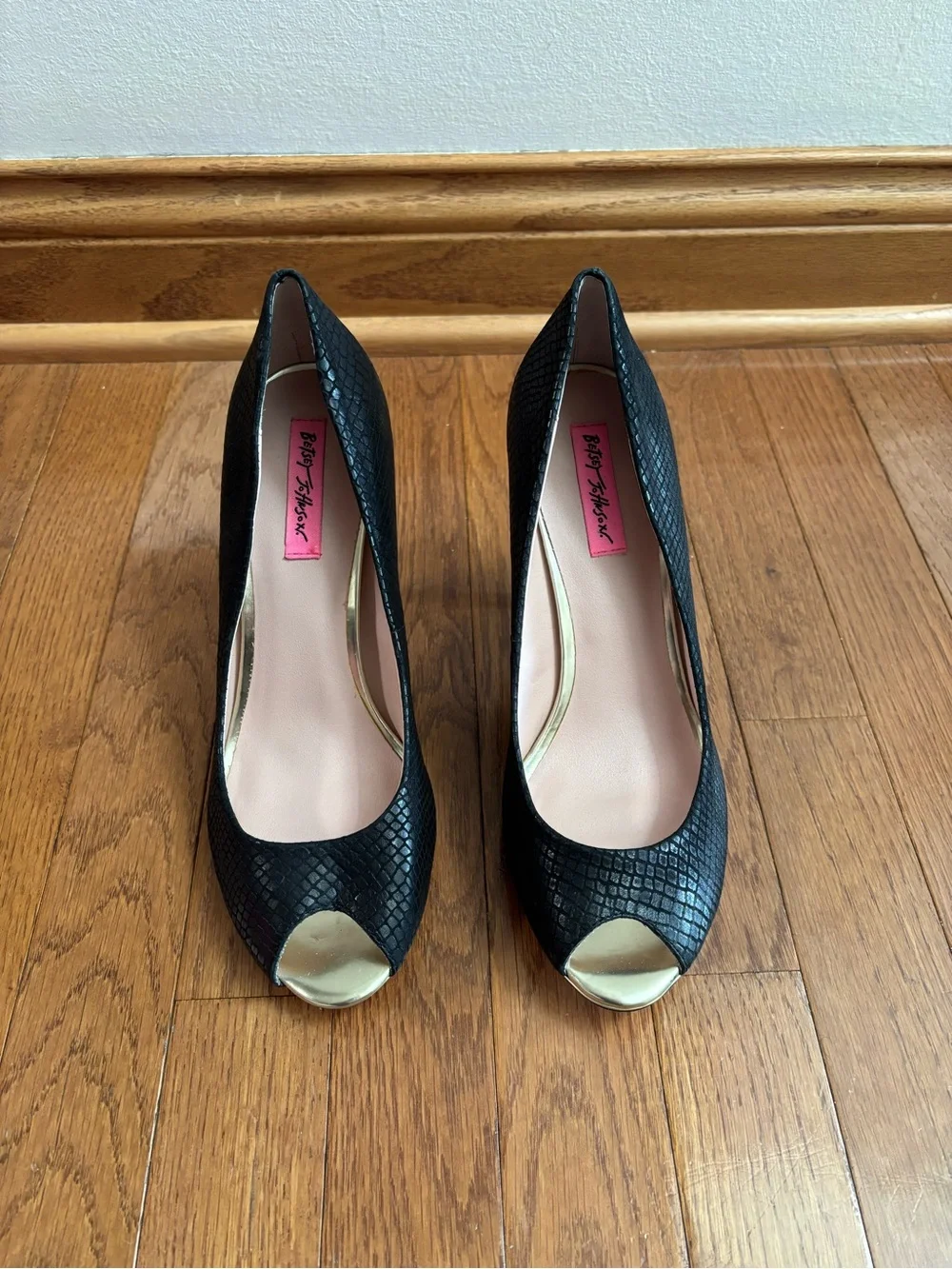 Betsey Johnson Black Peep Toe Heels with Snakeskin Texture